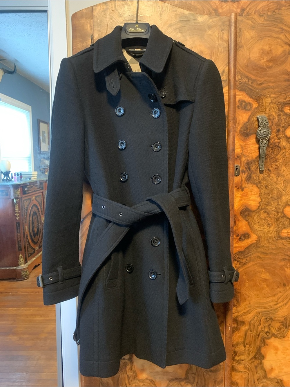 Burberry Brit Black Double-Breasted Wool Trench Coat